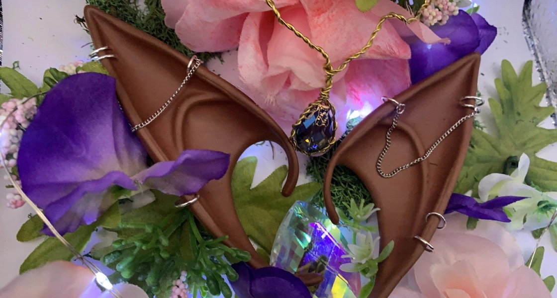 Latex Black/Brown Fae Fairy Ear Cuffs with Jewelry