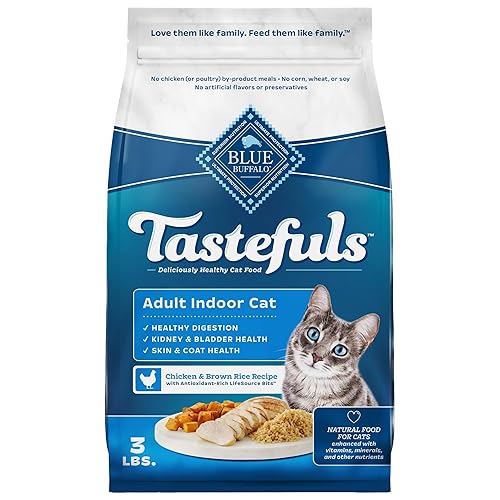 Blue Buffalo Tastefuls Adult Dry Cat Food Indoor Cat Formula, Made in the USA with Natural Ingredients, Chicken & Brown Rice Recipe, 3-lb. Bag - Chicken & Brown Rice - 3 Pound (Pack of 1)
