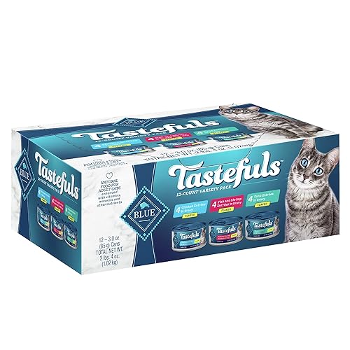 Blue Buffalo Tastefuls Flaked Wet Cat Food Variety Pack, Made with Natural Ingredients, Tuna, Chicken, Fish & Shrimp, 3-oz Cans (12 Count, 4 of Each) - Variety Pack: Tuna, Chicken, Fish & Shrimp - 3 Ounce (Pack of 12)