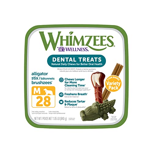 WHIMZEES by Wellness Variety Box: All Natural Dental Chews for Dogs (Medium), 28 Count - Dog Treats, Freshens Breath, Gluten & Grain-Free (Packaging May Vary) - Dental Medium - 28 Count (Pack of 1)