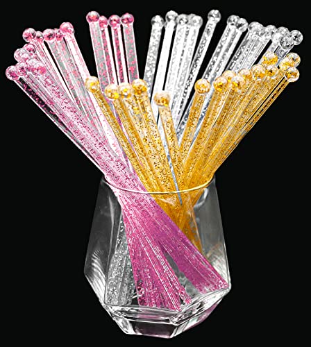 hapray 100-PCS Gold Pink Silver Glitter Plastic Swizzle Sticks, Crystal Cake Pops, Cocktail Coffee Drink Stirrers, Lolipop Stick, 7.24 Inch - Gold&Pink&Silver - 100