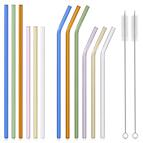 [12 Pcs] Reusable Colorful Long Glass Straws - 11" x 8mm and 9" x 8mm Shatter Resistant Each Including 3 Straight and 3 Bent with 2 Cleaning Brush Perfect for 30 oz 20 oz Tumblers Juice Coffee - 8mm - 6 Long+6 Short