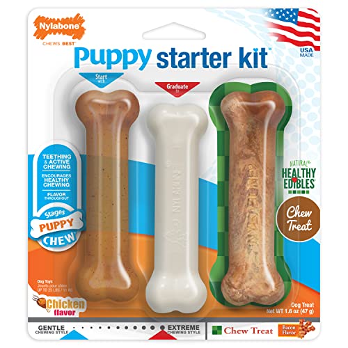 Nylabone Puppy Chew Toy & Treat Starter Pack - Puppy Chew Toys for Teething - Long Lasting Puppy Chew Treat - Puppy Supplies - Chicken & Bacon Flavor, Small, 3 Count (Pack of 1) - Small/Regular - Up to 25 Ibs, 3 Count (Pack of 1)