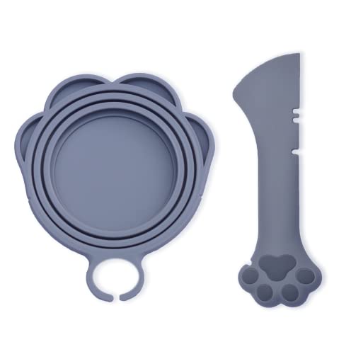 Meow&Woof Cover for Pet Can Food/Cat Wet Food Spoon/Lid for Dog Cans/Cute Paw Shape One Lid One Spoon Pack (Gray) - Grey