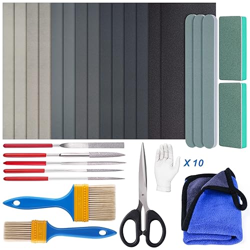 LET'S RESIN Polishing Kit,33Pcs Resin Supplies with Sandpaper,Resin File Kit,Polishing Strips&Blocks,Scissors,Wooden Brush,Cloth, Tools for Jewelry Making Supplies, Silicone Molds - Resin Polishing Kit