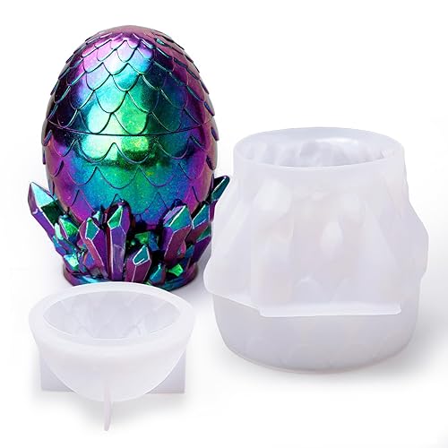 LET'S RESIN Dragon Egg Resin Molds, Large Resin Jar Resin Epoxy Molds with Lid and Crystal Cluster Base, Lifelike Dinosaur Egg Silicone Molds for Epoxy Resin, DIY Craft - dragon egg