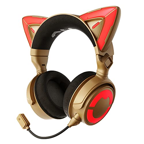 YOWU RGB Cat Ear Headphone 4, Upgraded Wireless & Wired Gaming Headset with Attachable HD Microphone -Active Noise Reduction, Dual-Channel Stereo & Customizable Lighting and Effect via APP (Gold) - 4 - Gold