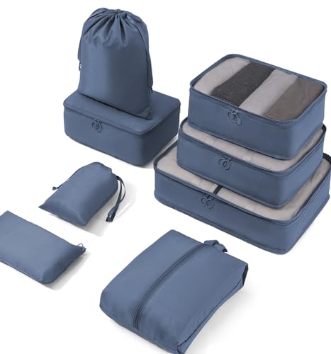 Meowoo Organizador de Equipaje 8 en 1 Set Organizador de Maletas Viaje Packing Cubes con Bolsa de Zapato Impermeable Bolsas Maleta Organizador Material Nylon (Azul marino 8pcs) - Azul Marino 8pcs