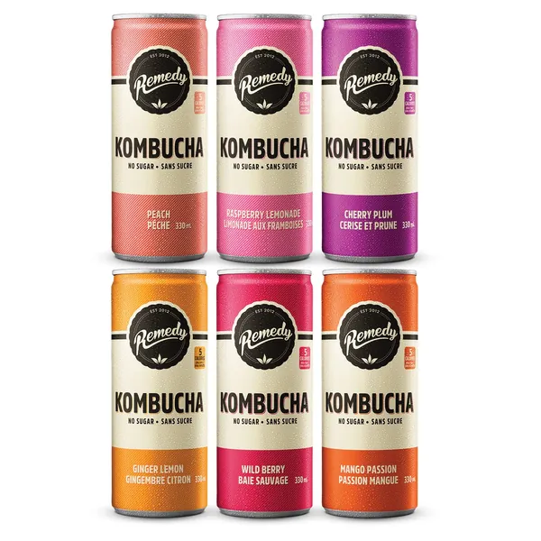 Remedy Kombucha Tea Drink - 0g Sugar, Organic & Raw - Live Cultured Beverage - 6 Flavor Variety Pack - 330ml Can, 24-Pack - 