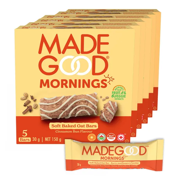 MadeGood Mornings Cinnamon Bun Soft Baked Breakfast Bars, 30g x 30 Bars; Non-GMO, Nut Free, Organic, Nutrients from Vegetables, Vegan, Gluten-Free - Cinnamon Bun