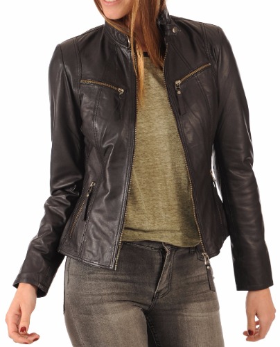 Leather Farm Women's Lambskin Leather Bomber Biker Jacket - X-Large blue