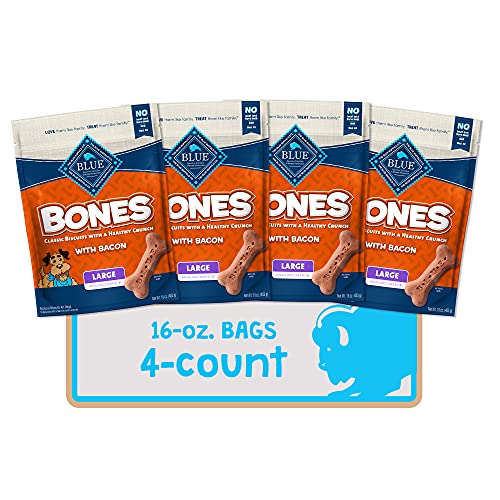 Blue Buffalo Bones Natural Crunchy Dog Treats, Large Dog Biscuits, Bacon (16-oz bag, 4 count) - Large Biscuits - Bacon - 16 Ounce (Pack of 4)