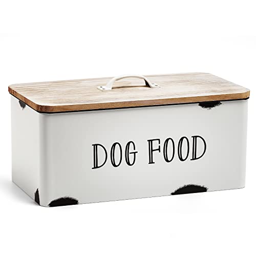 JIAYUAN Farmhouse Dog Food Storage Container White Dog Treat Dispenser Tin Pet Food Canister Bin with Wood Lid for Dogs Rustic - Dog