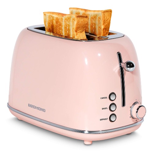REDMOND 2 Slice Toaster Retro Stainless Steel Toaster with Bagel, Cancel, Defrost Function and 6 Bread Shade Settings Bread Toaster, Extra Wide Slot and Removable Crumb Tray, Pink, ST028 / Baby Pink