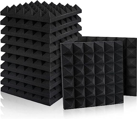 12 Pack Set Acoustic Foam Panels, Studio Wedge Tiles, 2" X 12" X 12" Acoustic Foam Sound Absorption Pyramid Studio Treatment Wall Panels - 2 x 12 x 12 inch - Pyramid-Black