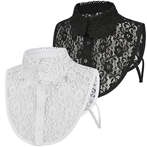 2 Pieces Detachable Collar Women Shirt, Lace-up Blouse Half Collar Faux Women Shirts Blouses Fake Collar Dickey, Fake Collar Detachable Decorative Shirt for Women, white and black