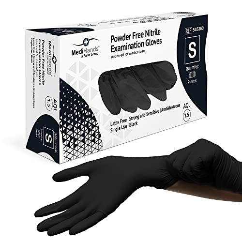 Farla Medical MediHands Nitrile Gloves - Disposable Black Gloves - Powder Free & Latex Free Nitrile Gloves Small - Multi-Purpose, Single Use - Box of 100 - 1 Count (Pack of 100) - Small
