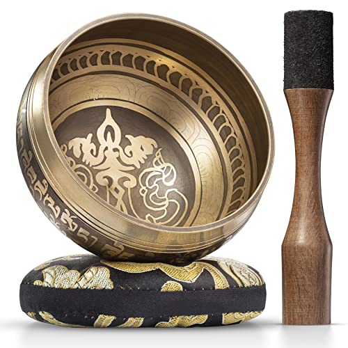 Tibetan Singing Bowl Set - Easy to Play with New Dual-End Striker & Cushion - Creates Beautiful Sound for Holistic Healing, Meditation & Relaxation - Gold Bowl with Black Pillow - Yoga singing bowls - Gold