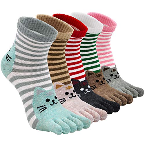 ZAKASA Toe Socks for Women Five Finger Socks Ladies Funny Cartoon Cotton Ankle Sock with Toes Novelty Sports Socks 4/5 Pairs - 5-9 - Cat Socks 5pairs