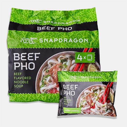 Snapdragon Beef Pho Instant Noodle Packets 4-Pack | Rich Beef Flavored Broth with Rice Noodles, Gluten Free, No Artificial Flavors, 4 2.1oz Packets - Beef - 8.4 Ounce (Pack of 4)