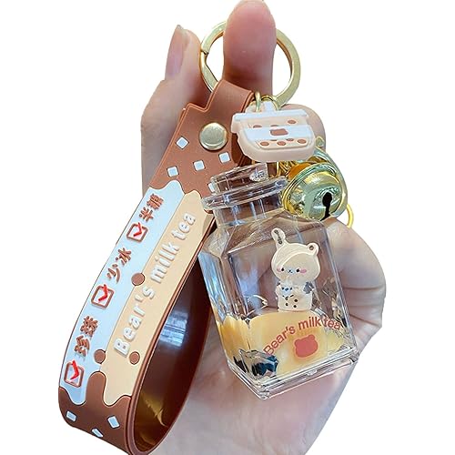 HSYHERE Men Women Creative Interesting Floating Milk Tea Brown Bear Lucky Bottle Keychain Keyrings - Square Bottle