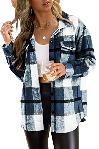 Trendy Queen Womens Flannel Shacket Jacket Casual Plaid Wool Blend Button Down Long Sleeve Shirt Fall Clothes Outfits 2022 - Blue Medium