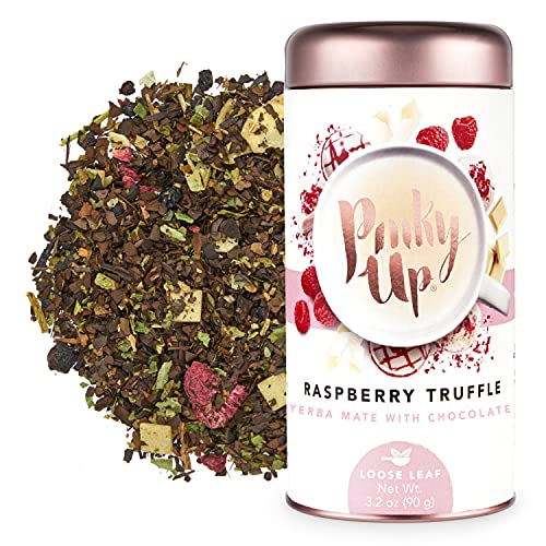 Pinky Up Raspberry Truffle Loose Leaf Tea | Yerba Mate Herbal Tea, 80-85 mg Caffeine Per Serving, Naturally Low Calorie & Gluten Free | 3.2 Ounce Tin, 25 Servings - Raspberry Truffle