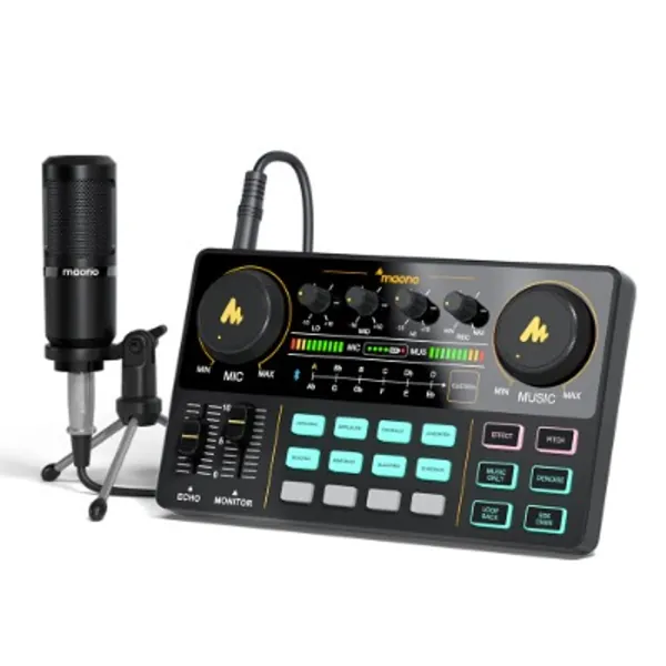 Audio Interface with DJ Mixer and Sound Card, Maonocaster Lite Portable ALL-IN-ONE Podcast Production Studio with 3.5mm Microphone for Guitar, Streaming, PC, Recording, Gaming(AU-AM200-S1)