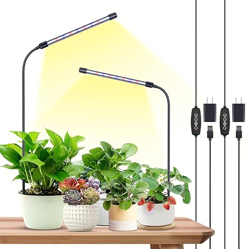 LBW Grow Lights for Indoor Plants Growing, 6000K Full Spectrum Plant Light for Indoor Plants Growth, LED Small Grow Lights with 4/8/12H Auto Timer & 5 Brightness, Flexible Goosenck, 2 Pack - Full Spectrum - 2 pack