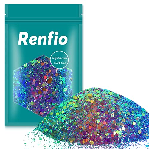 Renfio Chameleon Chunky Glitter, Mixed Fine Powder Color Shift 1.75 Oz (50g) PET Flake Hexagon Purple Copper Green Glitters Sequin Resin Pigment Chip Dust for Slime Painting Craft Hair Nail - Mermaid - Mermaid