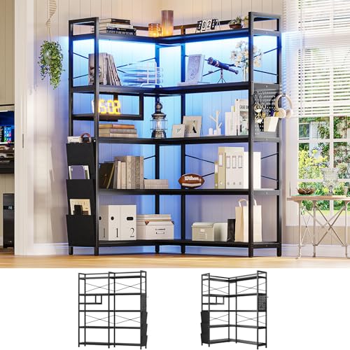 Itaar 5-Tier Bookshelf, Convertible Corner Bookshelf with Storage or 63" W Bookcase, Tall Bookshelf with Pegboard, Storage Bag & LED Light for Bedroom, Black - 63inch - Black