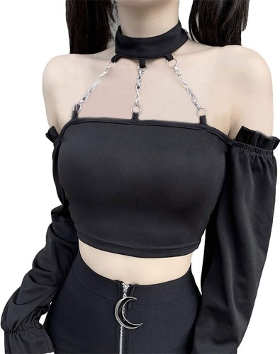 Dark Punk Crop Top with Chains Women Punk Off Shoulder Hollow Out Solid Backless Tops - Large 001-black