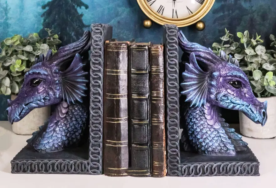 Ebros Purple Beauty Nimrod The Legendary Dragon Head Bookends Set of Two Statue 7.5"tall Mythical Fantasy Dragon Home Decor