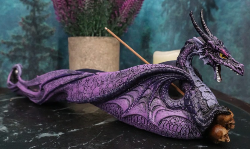 Ebros Gift Fantasy Purple Midnight Moon Dragon Holding Skulls Incense Cone Burner Holder Figurine 12" Long Dungeons and Dragons Home Aromatherapy Decorative Accent - 