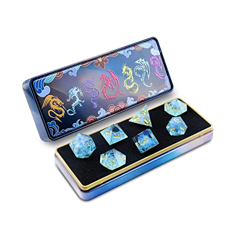 DND Dice Set with Dragon Totem Metal Gife Case, Dungeons and Dragons Handcrafted Dice Set with Sharp Edges and Beautiful Inclusions,Player Galaxy Series(Blue Gold) - Blue Gold