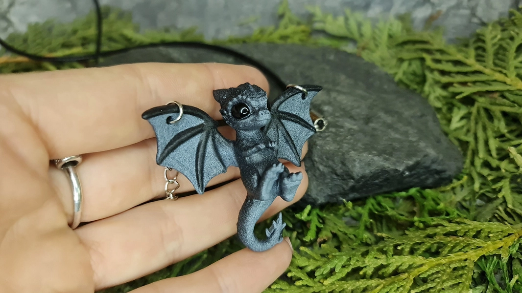 Pendant of little cute tiny -  gray and black dragon. Dragon necklace. Dragon Gift for dragon's fans! Dragon year 2024 is coming! 