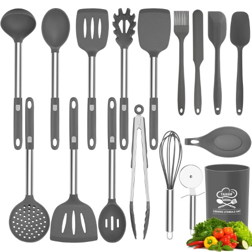 Silicone Kitchen Utensil Set, 17pcs Kitchen Cooking Utensils Set, Heat Resistant Non-Stick BPA Free Silicone Cookware with Stainless Steel Handle, Spatula Spoon Turner Tongs Pizza Cutter