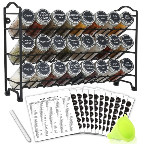 SWOMMOLY Spice Rack Organizer with 24 Empty Round Spice Jars, 396 Spice Labels with Chalk Marker and Funnel Complete Set, for Countertop, Cabinet or Wall Mount