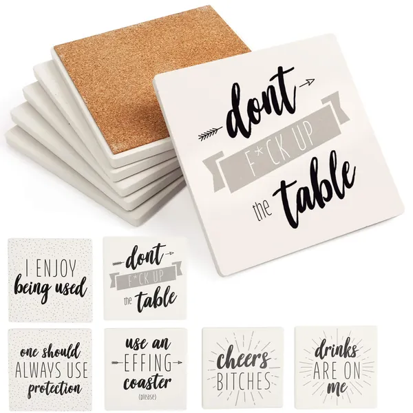 LotFancy Funny Coasters for Drinks Absorbent, Set of 6, 4" x 4"Ceramic Coasters with 6 Sayings, Square Coasters Set with Non-Slip Cork Base, Bar Room Decor Housewarming Gift