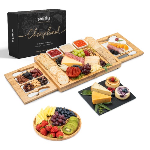 SMIRLY Cheese Board and Knife Set: Large Charcuterie Board Set, Cheese Platter Board, Bamboo Cheese Board W/ Cutlery Set, Cheese Tray, Wooden Cheese Board Set, Cheese Cutting Board Set, Cheese Plate