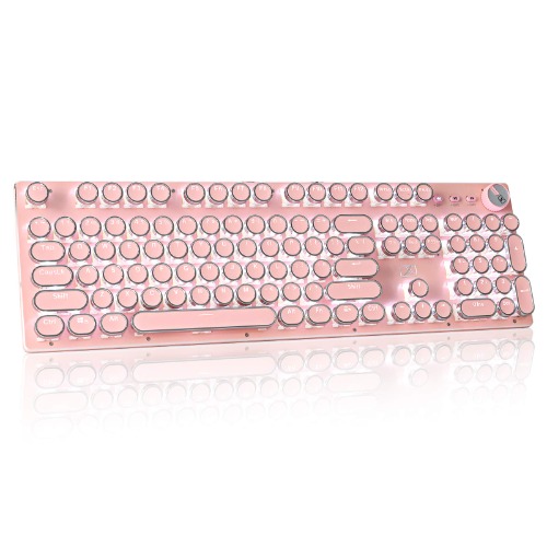 Retro Steampunk Typewriter-Style Gaming Keyboard, Blue Switches,Pure White Backlight, USB Wired, for PC Laptop Desktop Computer, for Game and Office, Stylish Pink Mechanical Keyboard Round Keycaps - 