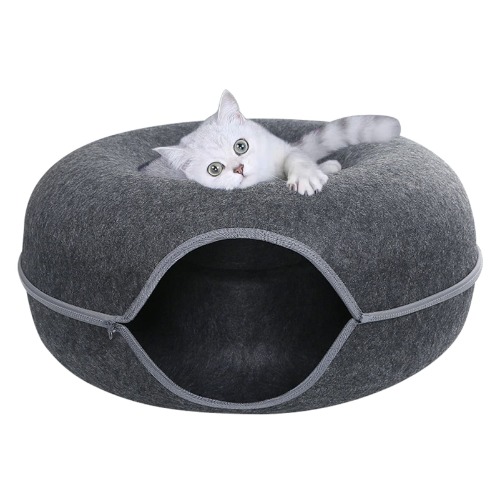 Cat Tunnel Bed, Four Seasons Available Cat Nest, Detachable Round Felt Cat Tube Play Toy with Peek Hole, Washable Interior Cat Play Tunnel for Small Pets Rabbits, Kittens, Puppy (Black)