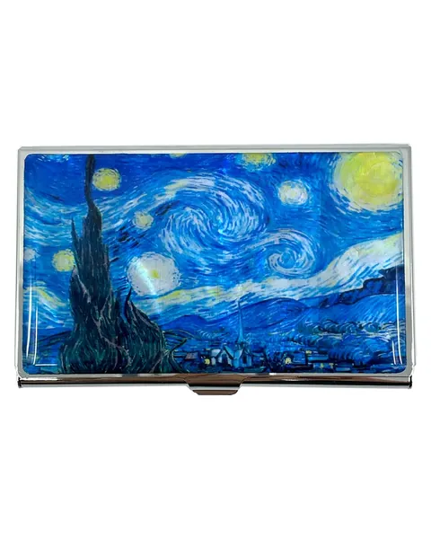 Mother of Pearl Business Card Case Credit Id Name Holder Travel Wallet Art Painting Design Metal Stainless Steel Engraved Slim Purse Pocket Cash Money Wallet (Starry Night)
