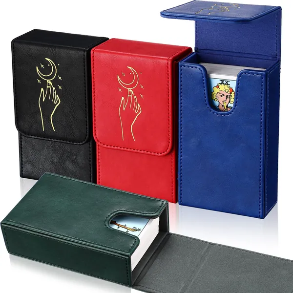 4 Pcs Tarot Cards Case PU Leather Tarot Deck Protective Case Moon Phase Design Tarot Organizer Storage Box for Most Standard Size Tarot Cards Playing Cards Gothic Oracle Cards, 5.3 x 3.15 x 1.57 inch
