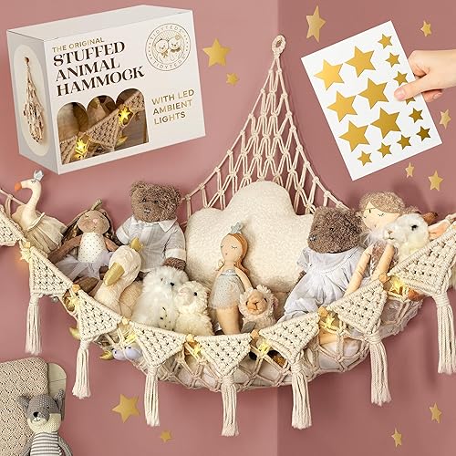 TIDYTEDS Macrame DreamLights Boho Stuffed Animal Storage Net Hammock Extra Large Plush Toy Storage Holder For Small Or Large Plushies Cream - Ice - Cream