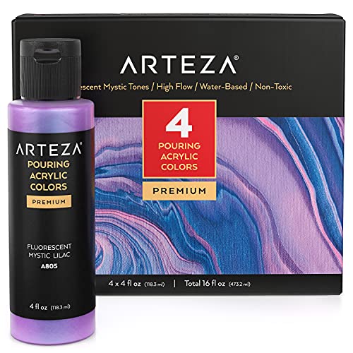 Arteza Iridescent Pouring Acrylic Paint, Set of 4, Mystic Tones, 4 fl oz Bottles, High-Flow Pouring Paint, Art Supplies for Canvas, Glass, Wood, Ceramics, Tile, and Stone - 4 x 118ml (4 fl oz) Mystic Tones