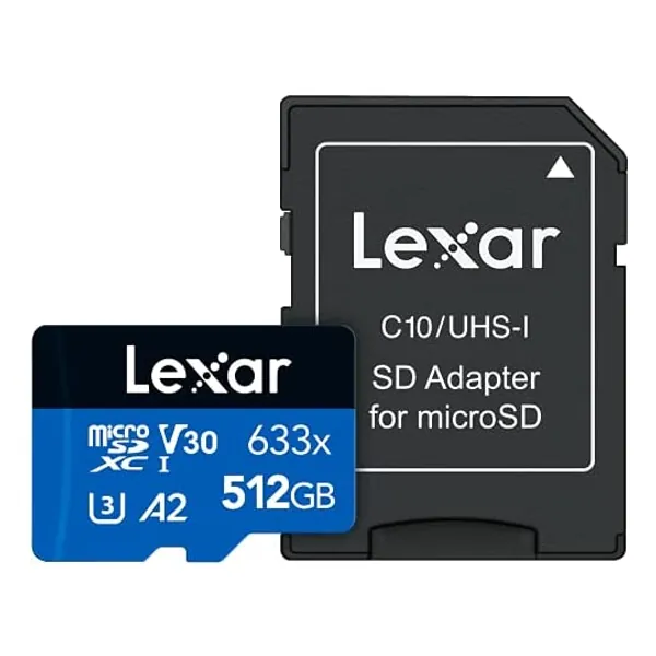 
                            Lexar High-Performance 633x 512GB microSDXC UHS-I Card w/ SD Adapter, Up To 100MB/s Read, for Smartphones, Tablets, and Action Cameras (LSDMI512BBNL633A)
                        