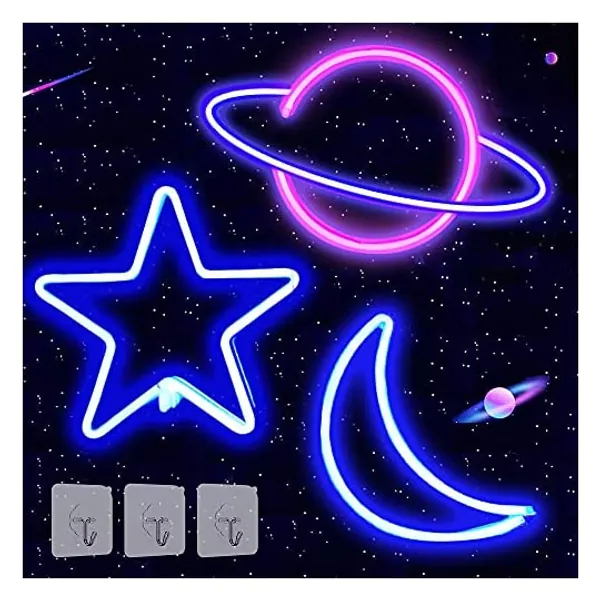 
                            Werfeito 3 Pack Star Moon Planet Neon Lights Neon Signs for Wall Decor, USB or Battery Operated LED Signs for Bedroom, Decorative Neon Light Sign for Christmas, Birthday, Living Room, Girls, Kids Room
                        