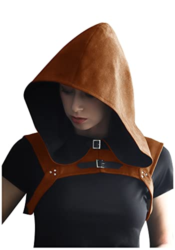 KUOIN Soft Suede Steampunk Rogue Medieval Cowl Hat Gothic Cape Costume for Men Women - Large - Brown