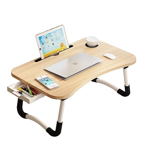 Lap Desk with Storage Drawer, Holders for Cup and Tablet, Laptop Bed Tray Table with Foldable Legs, Laptop Bed Stand, Portable Standing Table for Sofa Couch Floor (23", Walnut) - 23" - Walnut